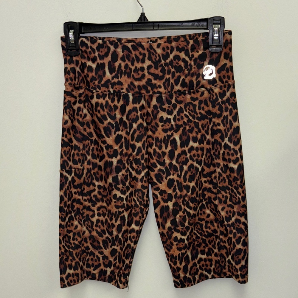 High-Waist Leopard Print Bike Shorts - Brown/Cream